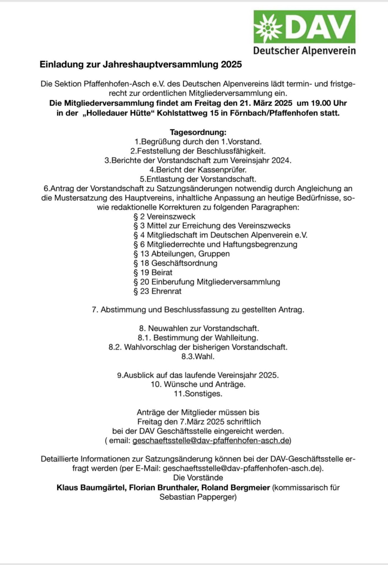 Einladung zur Jahreshauptversammlung am 21.03.25